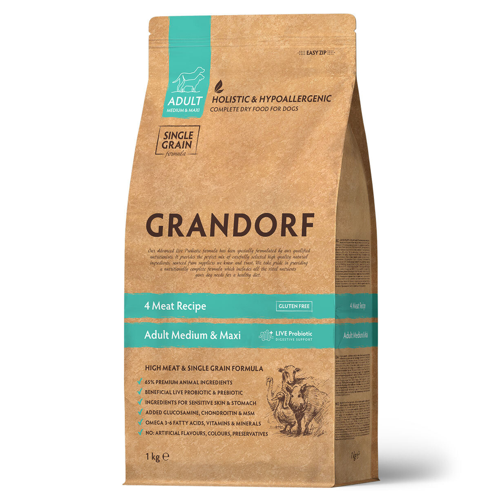 GRANDORF Dog Med&Max 4 Meat Probiotic Сухой корм для собак средних и крупных пород 4 вида мяса с бурым рисом 1 кг GRANDORF Dog Med&Max 4 Meat Probiotic Сухой корм для собак средних и крупных пород 4 вида мяса с бурым рисом 1 кг