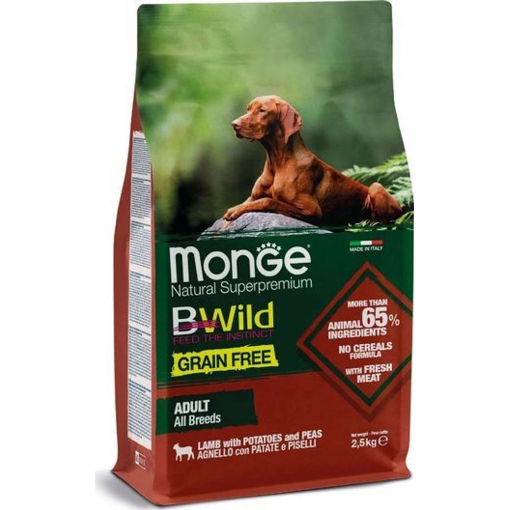 Monge Dog BWild Grain Free Сухой беззерновой корм для взрослых собак всех пород из мяса ягненка с картофелем, 2,5 кг Monge Dog BWild Grain Free Сухой беззерновой корм для взрослых собак всех пород из мяса ягненка с картофелем, 2,5 кг