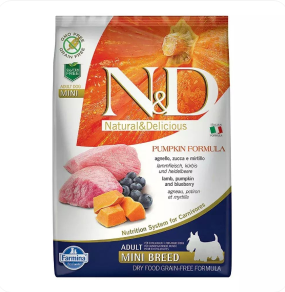 Farmina N&D Pumpkin Adult Mini сухой беззерновой корм для взрослых собак мини пород ягненок с черникой и тыквой, 800 гр Farmina N&D Pumpkin Adult Mini сухой беззерновой корм для взрослых собак мини пород ягненок с черникой и тыквой, 800 гр