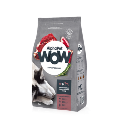 AlphaPet WOW Сухой корм для собак средних пород с говядиной и сердцем, 2 кг AlphaPet WOW Сухой корм для собак средних пород с говядиной и сердцем, 2 кг