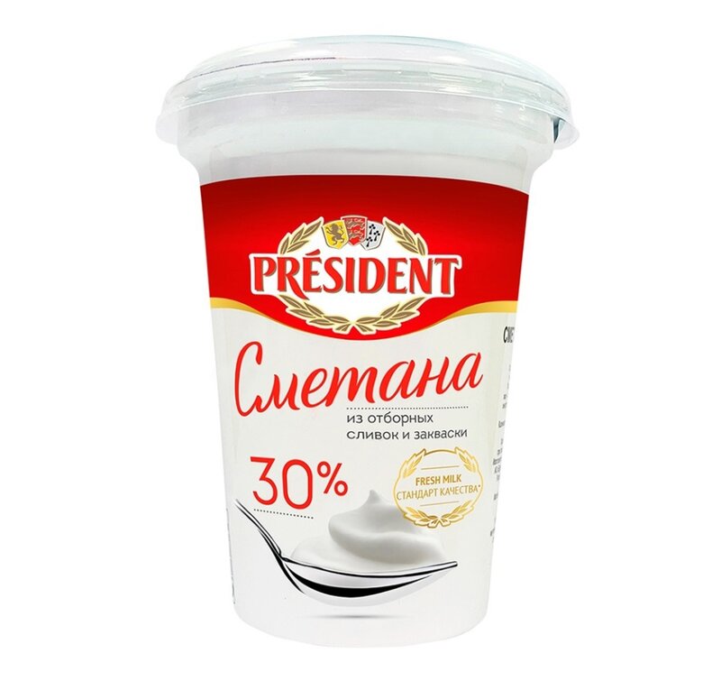 Сметана из отборных сливок и закваски President 30% 350 гр Сметана из отборных сливок и закваски President 30% 350 гр