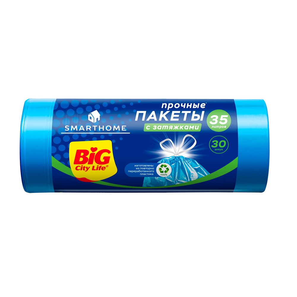 Мешки для мусора Big City SmartHome 51x52см 35л 30шт синие с затяжками Мешки для мусора Big City SmartHome 51x52см 35л 30шт синие с затяжками