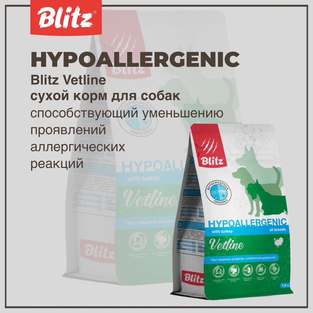 Vetline BLITZ Hypoallergenic диетический корм для собак с пищевой аллергией Vetline BLITZ Hypoallergenic диетический корм для собак с пищевой аллергией