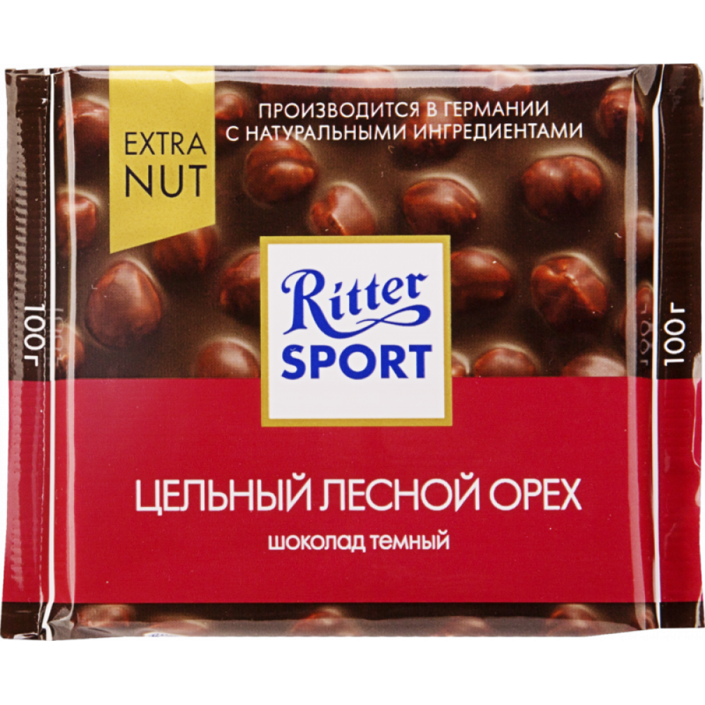 Риттер спорт Extra Nut Цельный лесной орех темный шоколад 100г Риттер спорт Extra Nut Цельный лесной орех темный шоколад 100г