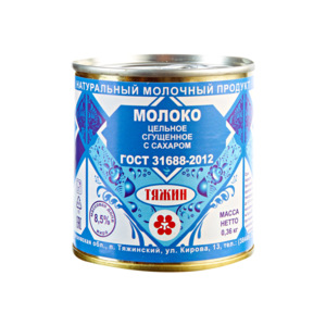 Молоко цельное сгущенное с сахаром 8,5% "Тяжин" ж/б, 360г