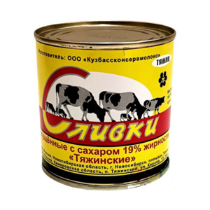 Сливки сгущенные с сахаром "Тяжин" 19% ж/б, 340г